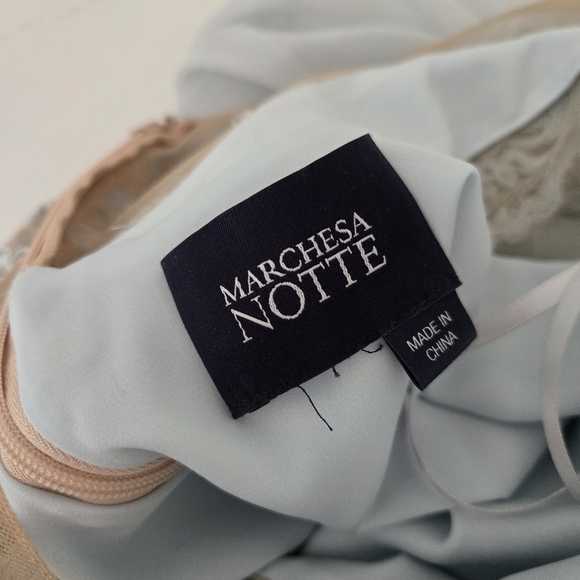 Marchesa Notte Silk Blue Embellished Embroidered Mesh Sheer Panel Detail Gown - Picture 13 of 15